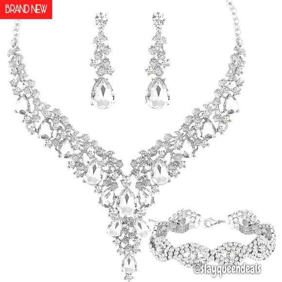 Austrian Crystal Bridal Jewelry Set Choker Necklace Earrings Bracelet